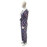 Multi-color Drawstring Mid Print Straight Pants Jumpsuits & Rompers