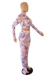 Pink Fashion Sexy Print Hollowed Out Turtleneck Long Sleeve Two Pieces