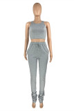 Grey Casual Sportswear Solid Fold Pants O Neck Sleeveless Two Pieces