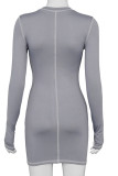 Grey Fashion Casual Adult Print Letter O Neck Long Sleeve Mini One-piece Suits Dresses
