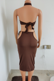 Brown Sexy Solid Hollowed Out Strapless Sleeveless Two Pieces