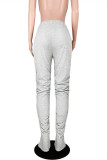 Grey Fashion Casual Solid Ripped Slit Fold Skinny Mid Waist Trousers