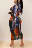 multicolor Street Print Patchwork O Neck Pencil Skirt Dresses