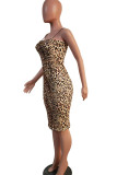 Yellow Polyester Fashion Casual adult Ma'am Spaghetti Strap Sleeveless Slip Pencil Dress Knee-Length Print Leopard Dresses