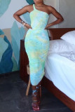 Light Green Fashion Sexy Print Tie Dye Backless Fold Halter Sleeveless Dress