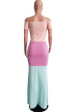 Pink Polyester Fashion Sexy Off The Shoulder Short Sleeves One word collar Princess Dress Floor-Length Pa