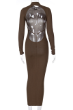 Brownness Sexy Solid Hollowed Out Turtleneck Pencil Skirt Dresses