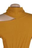 Yellow Sexy Fashion bandage Hollow Solid Patchwork Cotton Long Sleeve Turtleneck