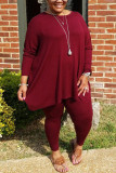 Wine Red Fashion Casual Solid Basic O Neck Plus Size Set