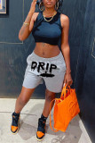 Grey Fashion Casual Letter Print Basic Regular Mid Waist Shorts