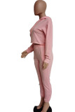 Pink Fashion Street Adult Polyester Solid Split Joint Hooded Collar Long Sleeve Regular Sleeve Short Two Pieces