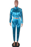 Blue Fashion Sexy Adult Polyester Solid Split Joint Turndown Collar Long Sleeve Regular Sleeve Regular Two Pieces
