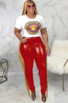 Red PU Zipper Fly Sleeveless Mid Tassel Solid Patchwork pencil Pants Pants