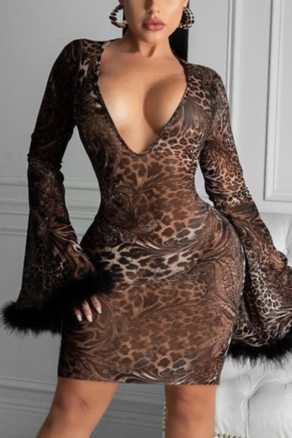 Leopard Print Fashion Sexy Print V Neck Long Sleeve Dress
