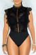 Black Fashion Sexy Solid Hollowed Out See-through O Neck Skinny Bodysuits