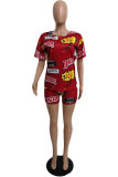 Red Polyester Fashion adult Street Letter Patchwork Print Two Piece Suits Straight Short Sleeve Two Pieces
