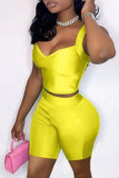 Yellow Sexy Casual Solid Backless Spaghetti Strap Sleeveless Two Pieces