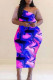 Multicolor Fashion Sexy Print Hollowed Out Backless One Shoulder Sleeveless Dress