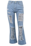 Light Blue Denim Button Fly Mid Patchwork Solid Hole washing Old Loose Pants Bottoms
