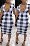 Black Yellow Fashion Casual Patchwork Print Basic V Neck Short Sleeve Dress