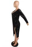 Black Polyester adult Sexy Fashion Cap Sleeve Long Sleeves V Neck A-Line Mid-Calf Sequin Solid Patchwork