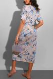 Blue Polyester Fashion adult England Ma'am Cap Sleeve Short Sleeves V Neck Step Skirt Mid-Calf Print Dresses