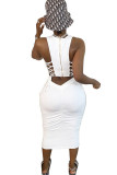 White Acetyl fiber Fashion Sexy adult Ma'am White Black Tank Sleeveless O neck Step Skirt Mid-Calf Solid Dresses