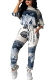 Grey Fashion adult Ma'am Street Patchwork Print Two Piece Suits Straight Half Sleeve Two Pieces