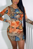 Multicolor Fashion Sexy Butterfly Print Basic O Neck Long Sleeve Dress