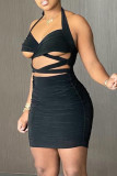 Apricot Fashion Sexy Solid Hollowed Out Backless Halter Sleeveless Dress