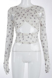 White Sweet Print Hollowed Out Patchwork See-through O Neck Mid Waist Tops
