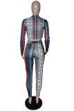 Multi-color Polyester Elastic Fly Long Sleeve Mid Patchwork Print pencil Pants Two-piece suit