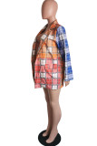 tangerine Casual Spandex Plaid Patchwork Split Joint Buttons Cardigan Turn-back Collar Outerwear
