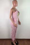 Pink Fashion Casual Print Lip Short Sleeve one shoulder collar Jumpsuits