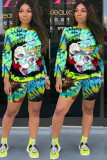 Green knit Fashion Sexy adult Ma'am Patchwork Print Tie Dye Two Piece Suits Straight Long Sleeve Two Pieces