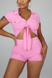 Pink Fashion Sexy Patchwork bandage Hollow Solid Short Sleeve V Neck Jumpsuits