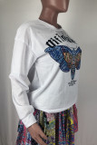 White Fashion Casual Letter Butterfly Print Basic O Neck Tops