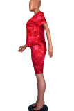 Red Fashion Casual adult Ma'am O Neck Print Two Piece Suits Stitching Plus Size
