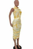 Yellow venetian Fashion Sexy adult Ma'am Print Draped Zippered Two Piece Suits pencil Sleeveless Two Pieces