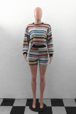 Multicolor Casual Striped Split Joint O Neck Long Sleeve Two Pieces