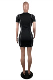 Black Fashion Sexy Solid Hollowed Out Patchwork V Neck Short Sleeve Dress