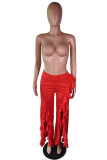 Red Polyester Elastic Fly Sleeveless Mid Solid ruffle Loose Pants Pants