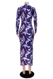 Purple Casual Print Half A Turtleneck Wrapped Skirt Dresses