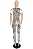 Multicolor Fashion Casual Print Basic Zipper Collar Short Sleeve Two Pieces