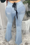 Blue Daily Solid Bandage Buttons Mid Waist Boot Cut Denim