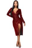 Red Polyester adult Sexy Fashion Cap Sleeve Long Sleeves V Neck A-Line Mid-Calf Sequin Solid Patchwork