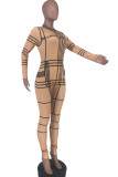 Gold Sexy Letter Plaid Print Zipper O Neck Regular Jumpsuits