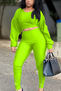 Fluorescent green Street Polyester Solid Hollowed Out Split Joint O Neck Long Sleeve Hubble-Bubble Sleeve Short Two Pieces
