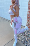 Pink Fashion Casual Print Basic U Neck Sleeveless Two Pieces