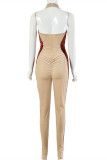 Khaki Fashion Sexy Patchwork Backless Halter Skinny Jumpsuits